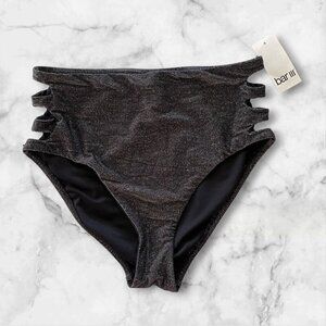 Bar III Shimmering Cut Out High Rise Bikini Bottom Size M Black Lined NWT